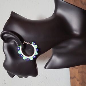 Handmade beaded Floral Earrings – Dark Blue, Light Blue, Yellow, Green, & White.